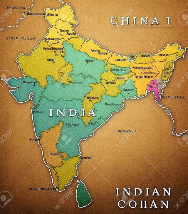Carte de l'Inde. Décrire la carte du pays avec illustration des grandes villes (capitales d'État).