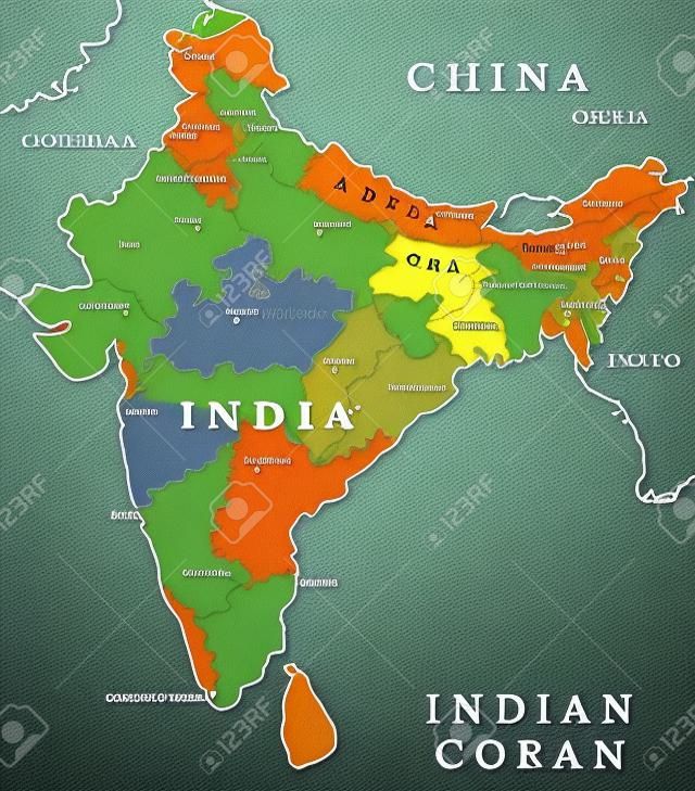 Karte von Indien. Prinzipdarstellung Landkarte mit den wichtigsten Städten (Landeshauptstädten).