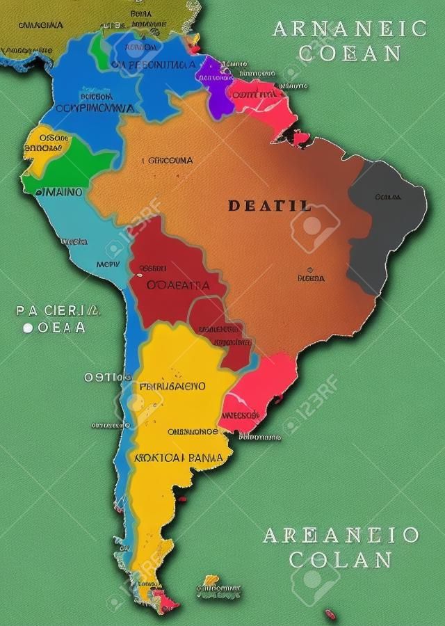 Mapa de América del Sur. División política - ciites países y capitales. Los países son objetos separados, puede cambiar el color de todos los países.
