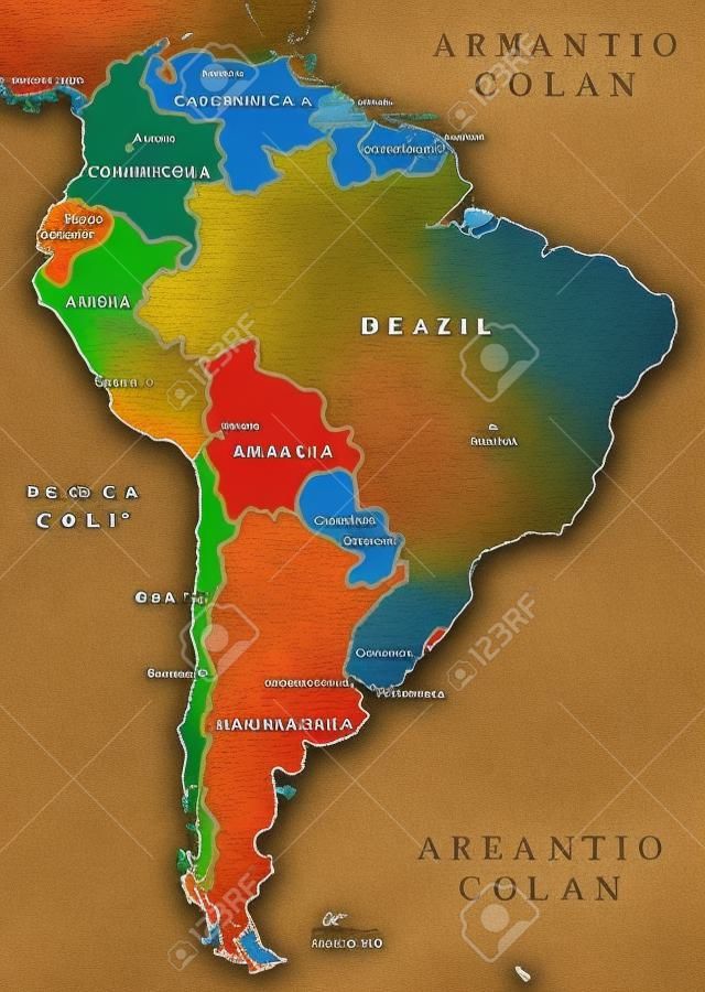 Karte von Südamerika. Politische Teilung - Länder und Kapital ciites. Länder sind separate Objekte, können Sie die Farbe für jedes Land.