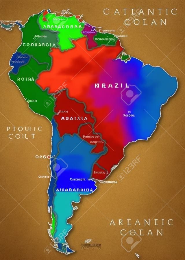 Karte von Südamerika. Politische Teilung - Länder und Kapital ciites. Länder sind separate Objekte, können Sie die Farbe für jedes Land.
