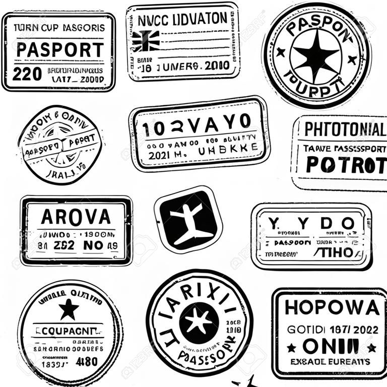 Travel passport stamps collage.