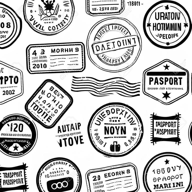 Collage de timbres de passeport de voyage.