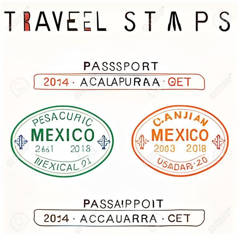 Travel vector - passport stamps set (fictitious stamps). Mexico destinations: Mexico City, Cancun, Acapulco and Guadalajara.