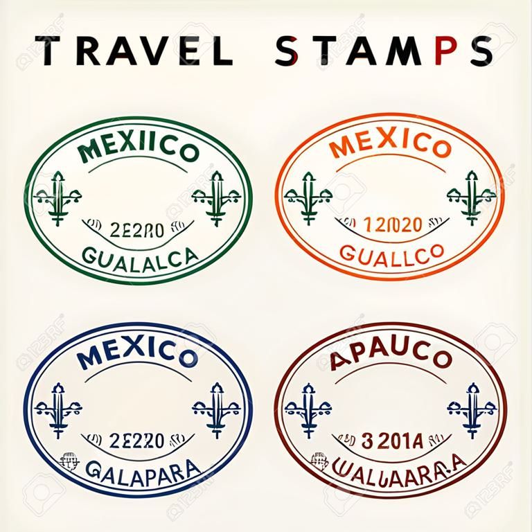 Travel vector - passport stamps set (fictitious stamps). Mexico destinations: Mexico City, Cancun, Acapulco and Guadalajara.