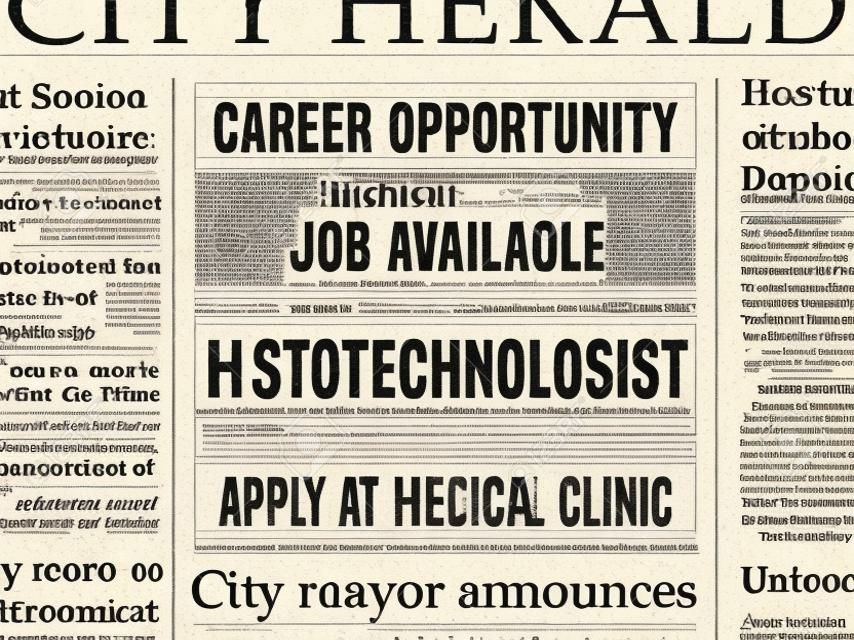 Histotechnologist medical career - job hiring classified ad vector in fake newspaper.