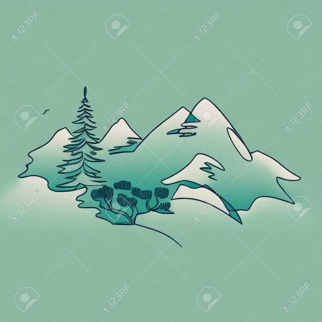 Mountain landscape, drawn in one line. Continuous line. Travels. Minimalistic graphics. Mountains and spruce.