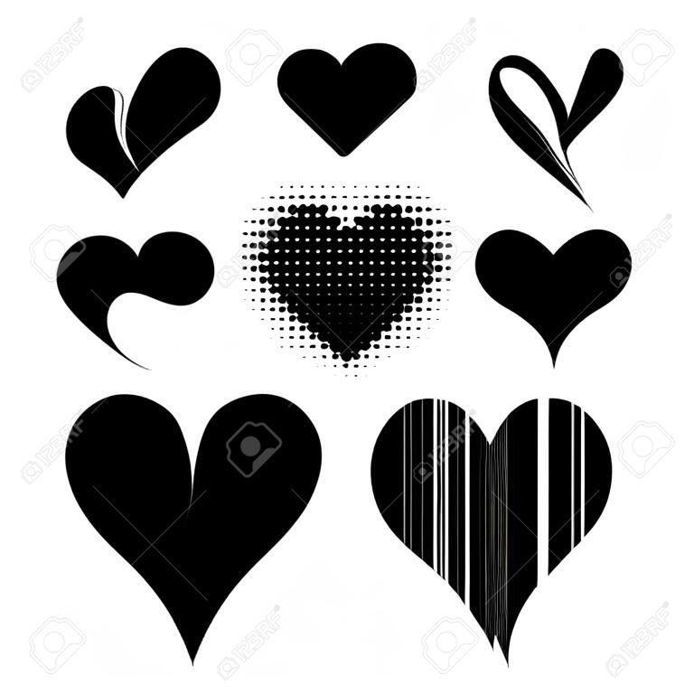 Black and white heart shapes vector set.