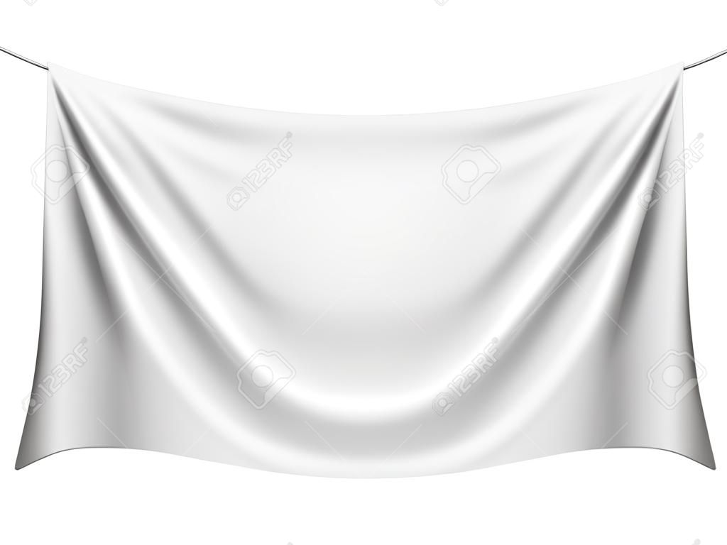 beyaz zemin üzerine izole kat ile boş beyaz asılı bez afiş. 3D render.