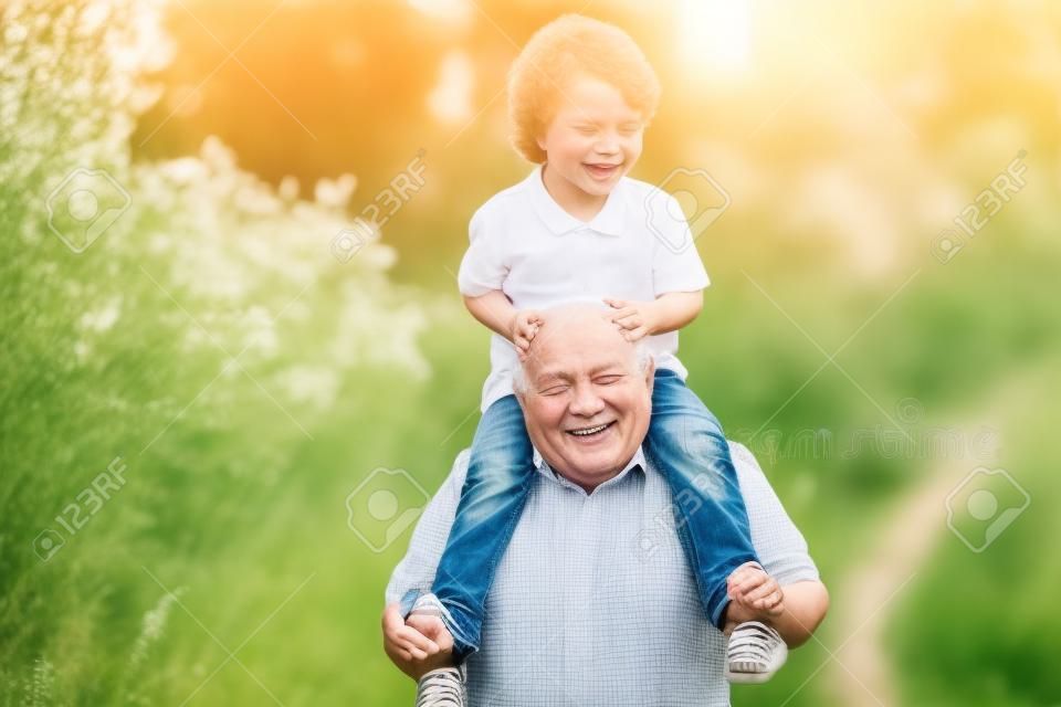 Happy family - grandfather and child on meadow in the summer on the nature. Happy joyful grandfather having fun throws up in the air grandson - family concept.