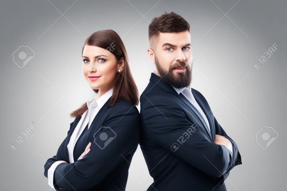 Coppie di affari che lavorano insieme. Uomo d'affari isolato - bell'uomo con donna in piedi su sfondo bianco. Concetto di affari.