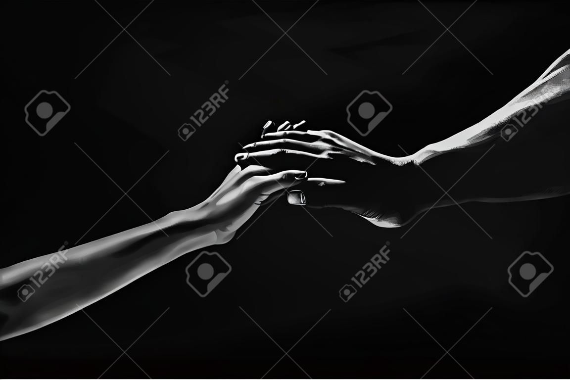 Twee handen op het moment van afscheid helpen de hand in hand van relaties een vriend door een moeilijke tijd heen, reddingsgebaar ondersteunt vriendschap en reddingsconcept man en vrouw hand in hand