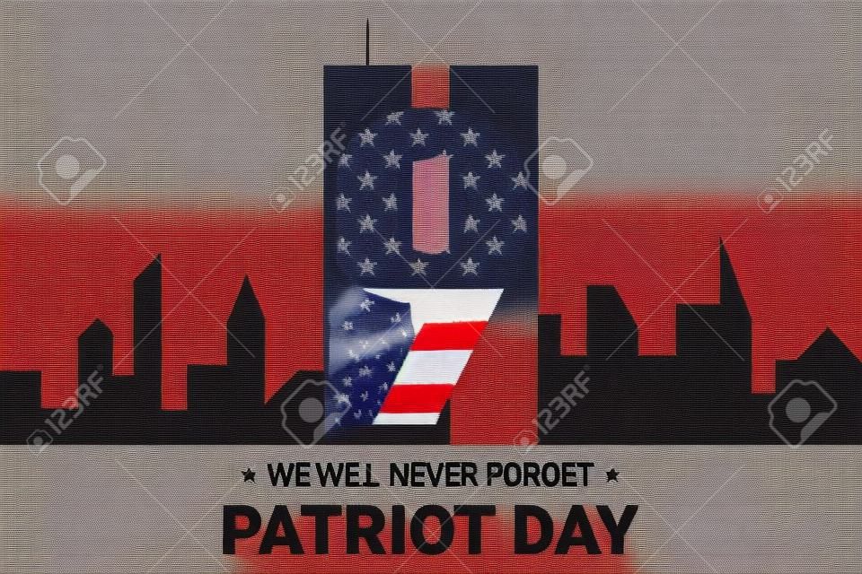 Never forget 9 11 Partiot day USA banner.  Patriot Day September 11, 2001. Design template, we will never forget. Digits made of ribbons with American flag's stars and stripes.
