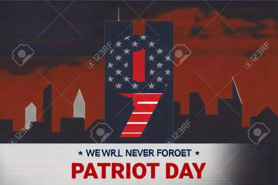 Nigdy nie zapomnij 9 11 Dzień Partii baner USA. Patriot Day 11 września 2001. Szablon projektu, którego nigdy nie zapomnimy. Cyfry wykonane z tasiemek z gwiazdami i paskami amerykańskiej flagi.
