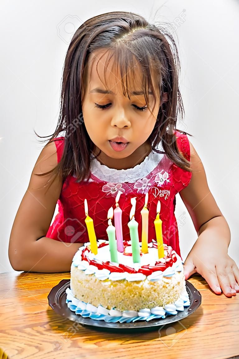 A young girl blowing out candles on her birthday cake.