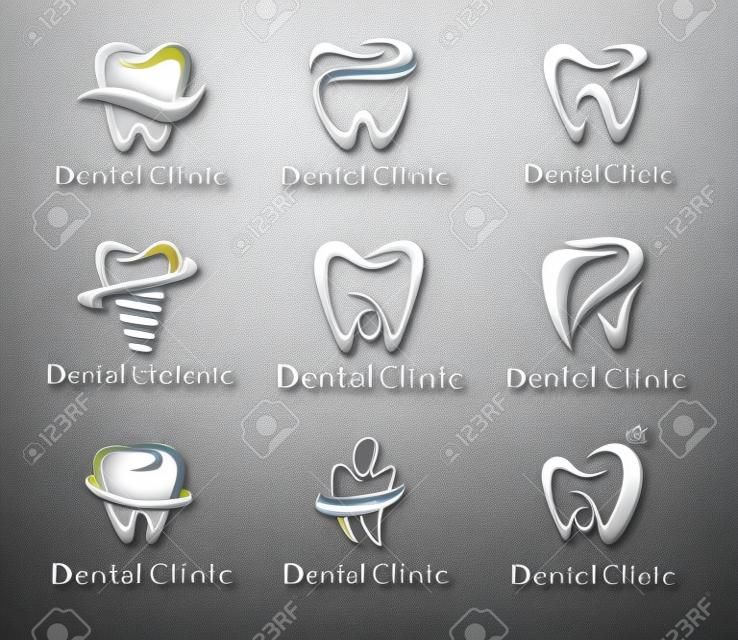 치과 로고 디자인. 치과 의사 로고. 치과 크리 에이 티브 회사 벡터 로고 세트