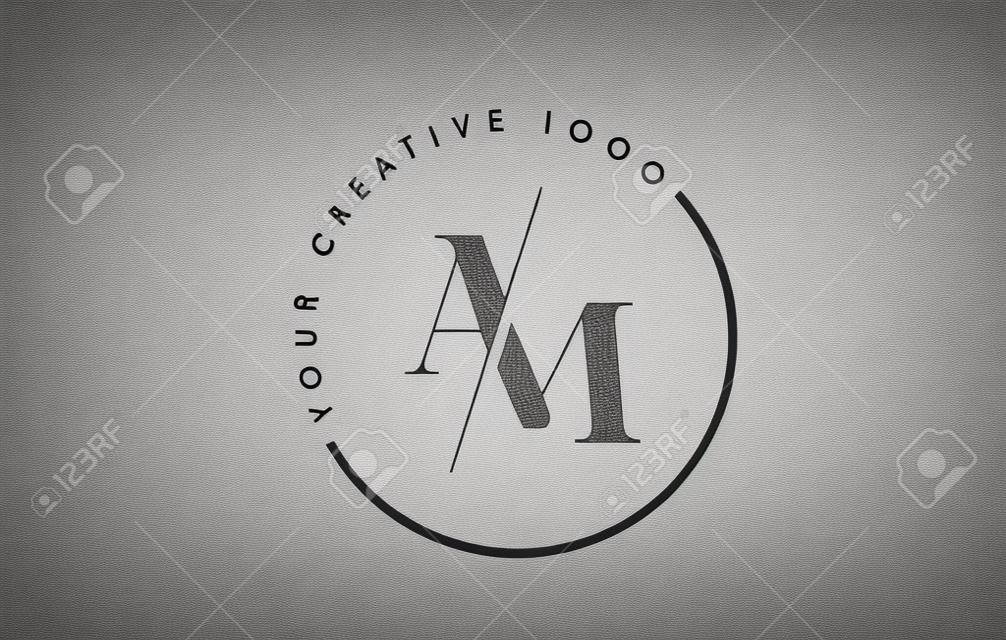 AM字母徽標設計，帶有創意相交和切線襯線字體。