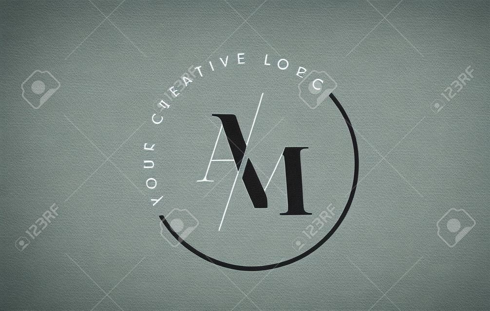 창조적 인 Intersected 및 Cutted Serif 글꼴이 적용된 AM Letter 로고 디자인.