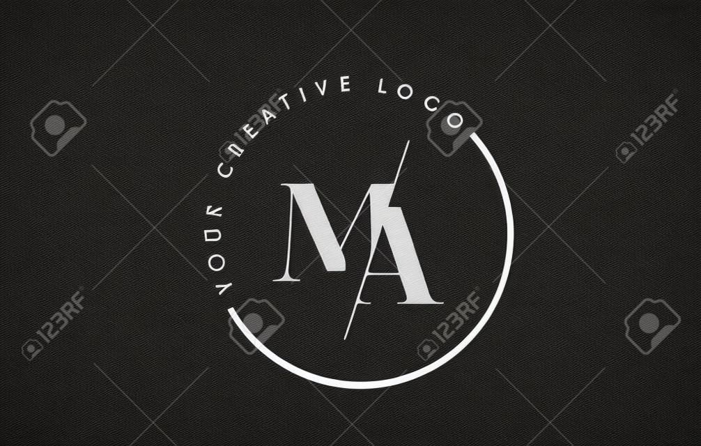 MA字母徽标设计，带有创意相交和切线衬线字体。