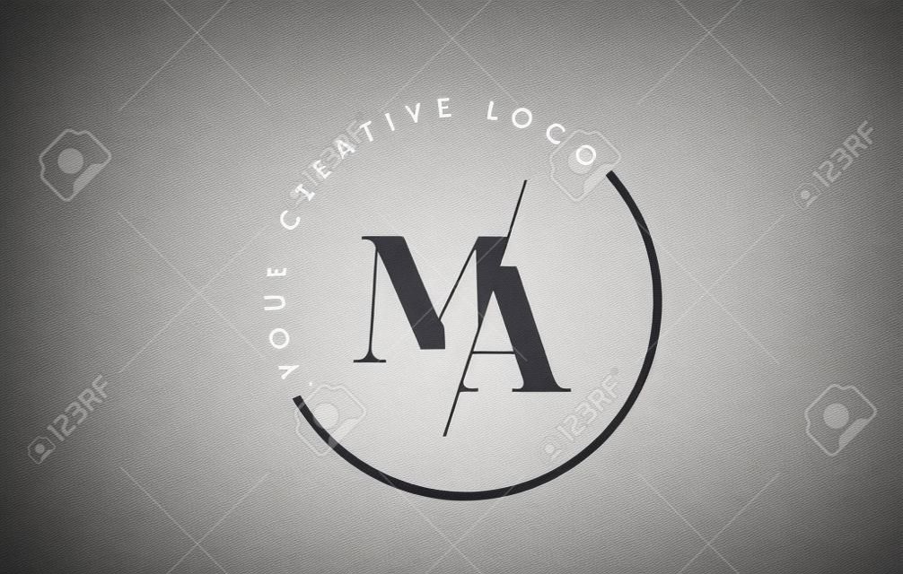 MA字母徽標設計，帶有創意相交和切線襯線字體。