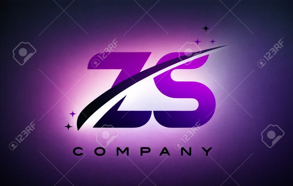 ZS Z S Black Letter Logo Design with Purple Magenta Swoosh and Stars.