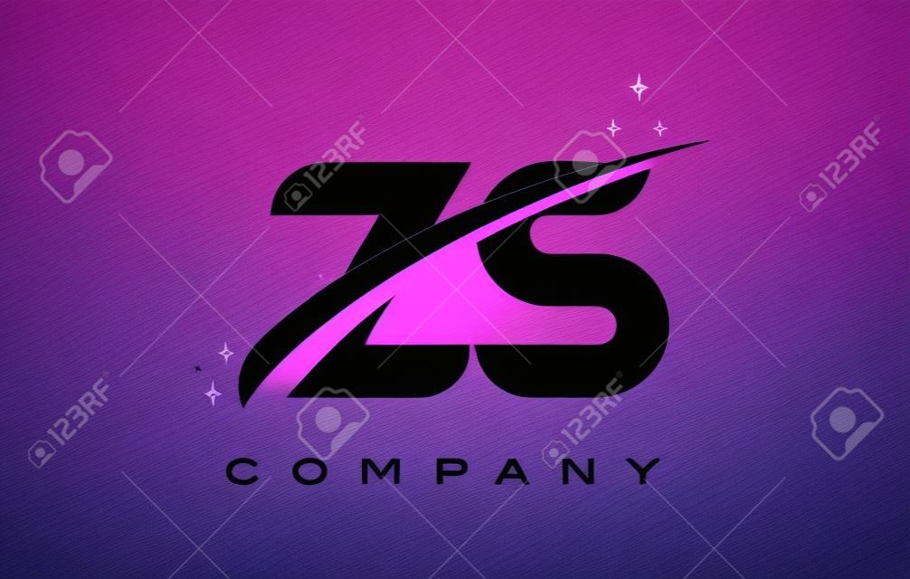 ZS Z S Black Letter Logo Design with Purple Magenta Swoosh and Stars.