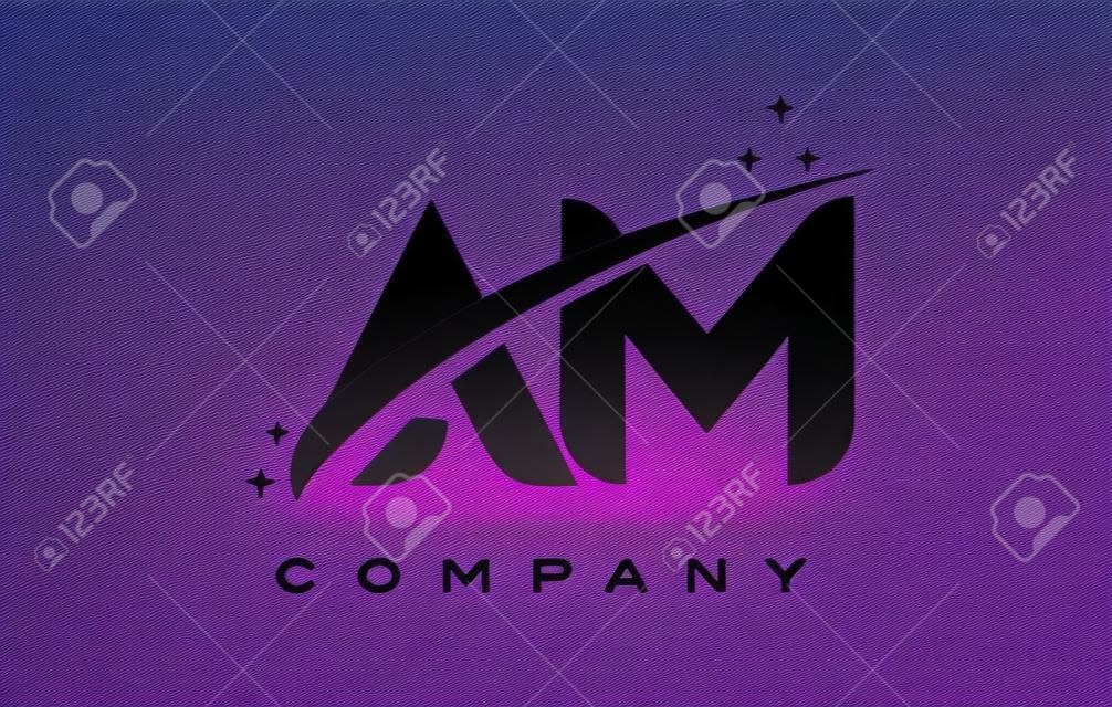 AM A M Black Letter Logo Design with Purple Magenta Swoosh and Stars.