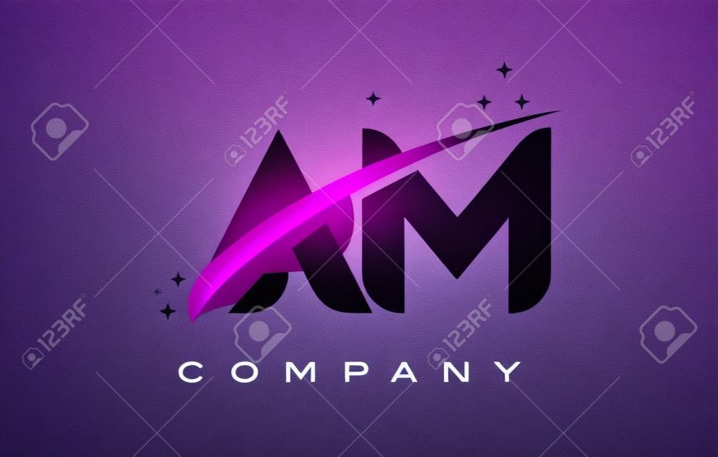 AM A M Black Letter Logo Design with Purple Magenta Swoosh and Stars.