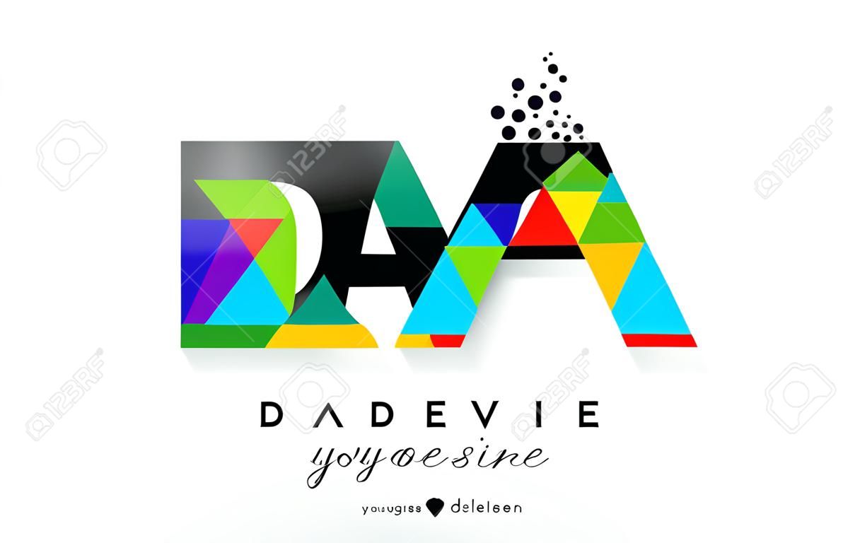 DA DA與五顏六色的生動的三角紋理設計傳染媒介例證的信件商標。