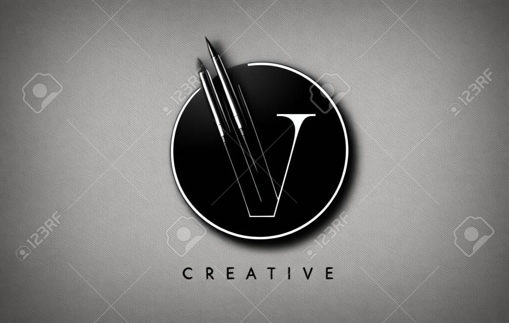 V Borstel Stroke Letter Logo Design. Black Paint Logo Leters Pictogram met Elegant Circle Vector Design.