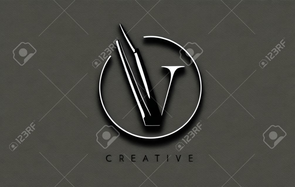V Pinselstrich Brief Logo Design. Schwarzes Farben-Logo Leters-Ikone mit elegantem Kreis-Vektor-Design.