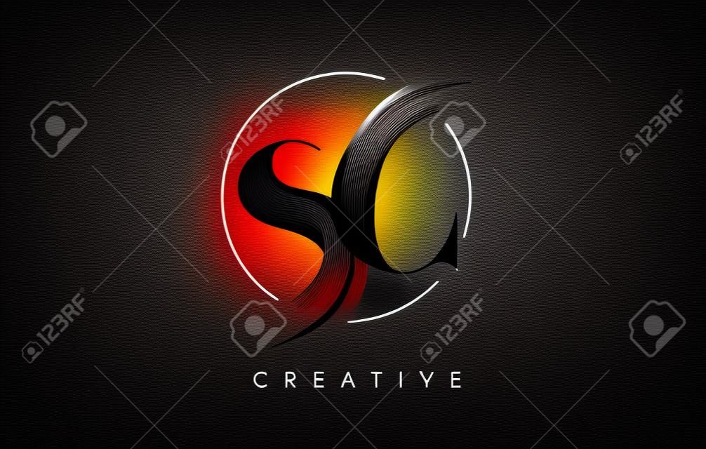 SC Brush Stroke Letter Logo Design. Icona di Leters di logo di vernice nera con design elegante cerchio vettoriale.
