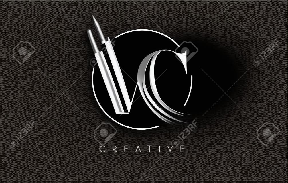 VC筆刷筆跡標誌設計。黑色油漆徽標讓圖標與優雅的圓形矢量設計。