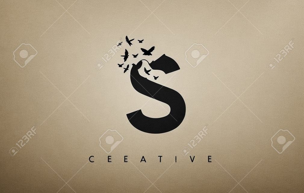 S Logo Letter с летающим стадом птиц, распадающимся с буквы. Иконка Птица Fly Letter.