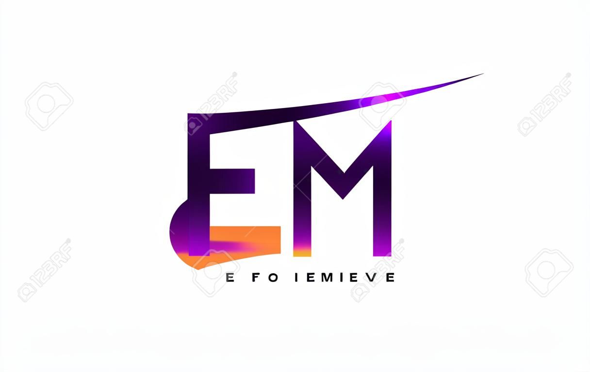 EM EM Grunge Letter Logo mit lila vibrierenden Farben Design. Kreative Grunge-Weinlese-Buchstaben-Vektor-Logo-Illustration.
