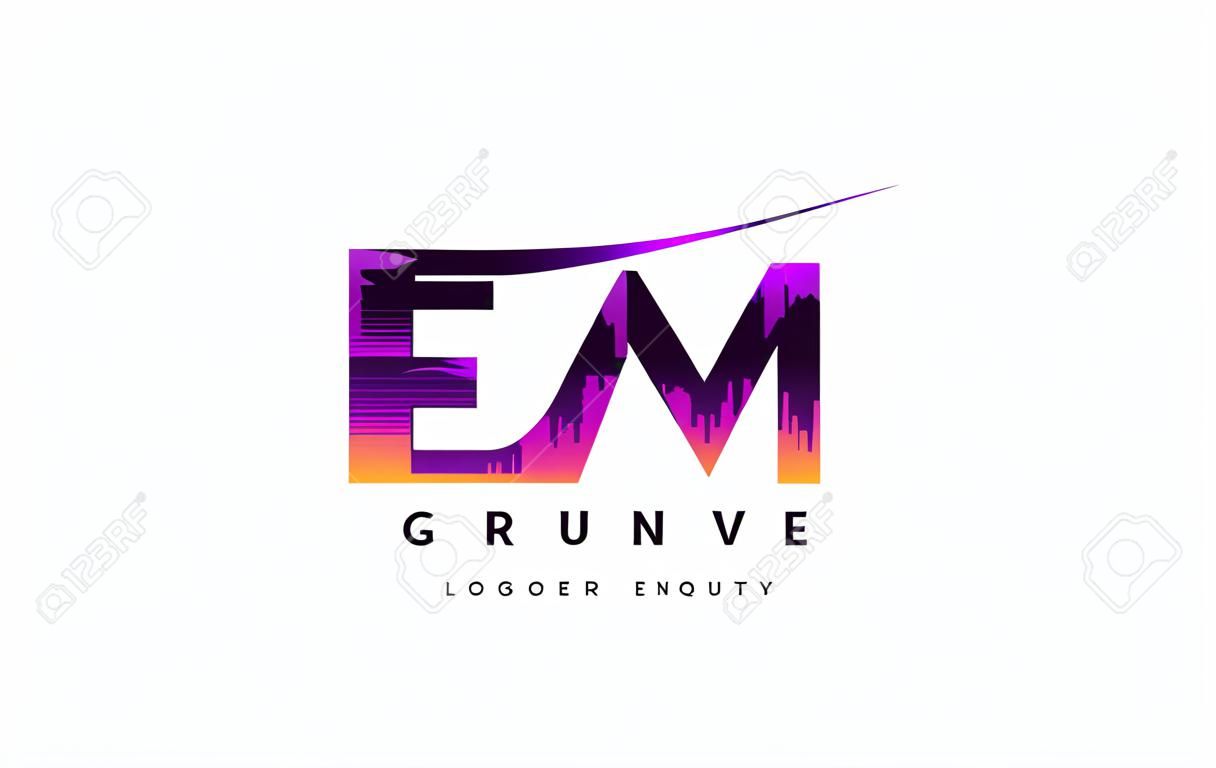 Logotipo de letra EM EM Grunge con diseño de colores vibrantes púrpuras. Ejemplo creativo del logotipo del vector de las letras del vintage del grunge.