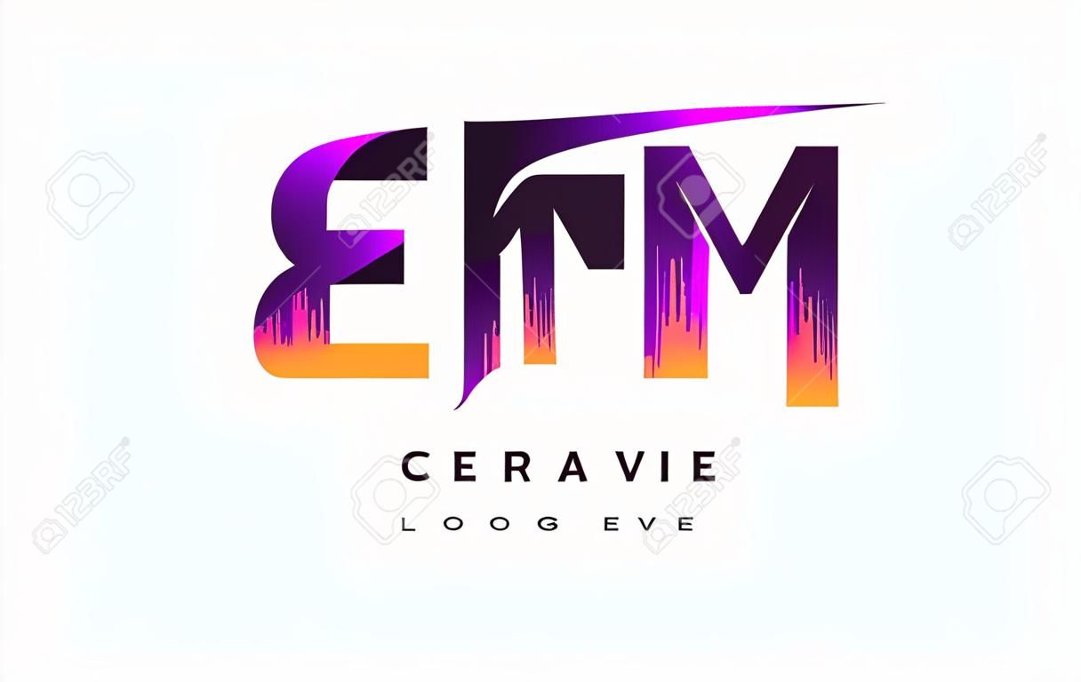 紫鮮やかな色のデザインを持つEM E Mグランジレターロゴ。クリエイティブグランジヴィンテージレターズベクターロゴイラスト。