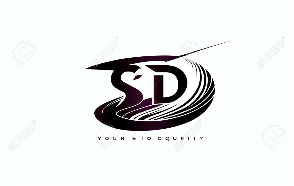 Projektowanie Logo litery SD SD z Swoosh i czarnymi liniami. Nowoczesne linie kreatywne zebry Litery Vector Logo