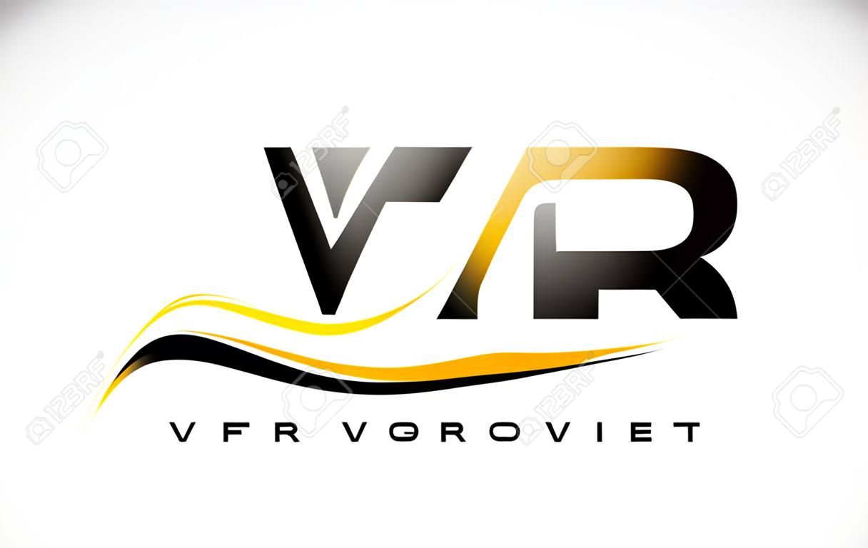 VR V R Swoosh Letter Logo Design met Modern Yellow Swoosh Curved Lines Vector Illustratie.