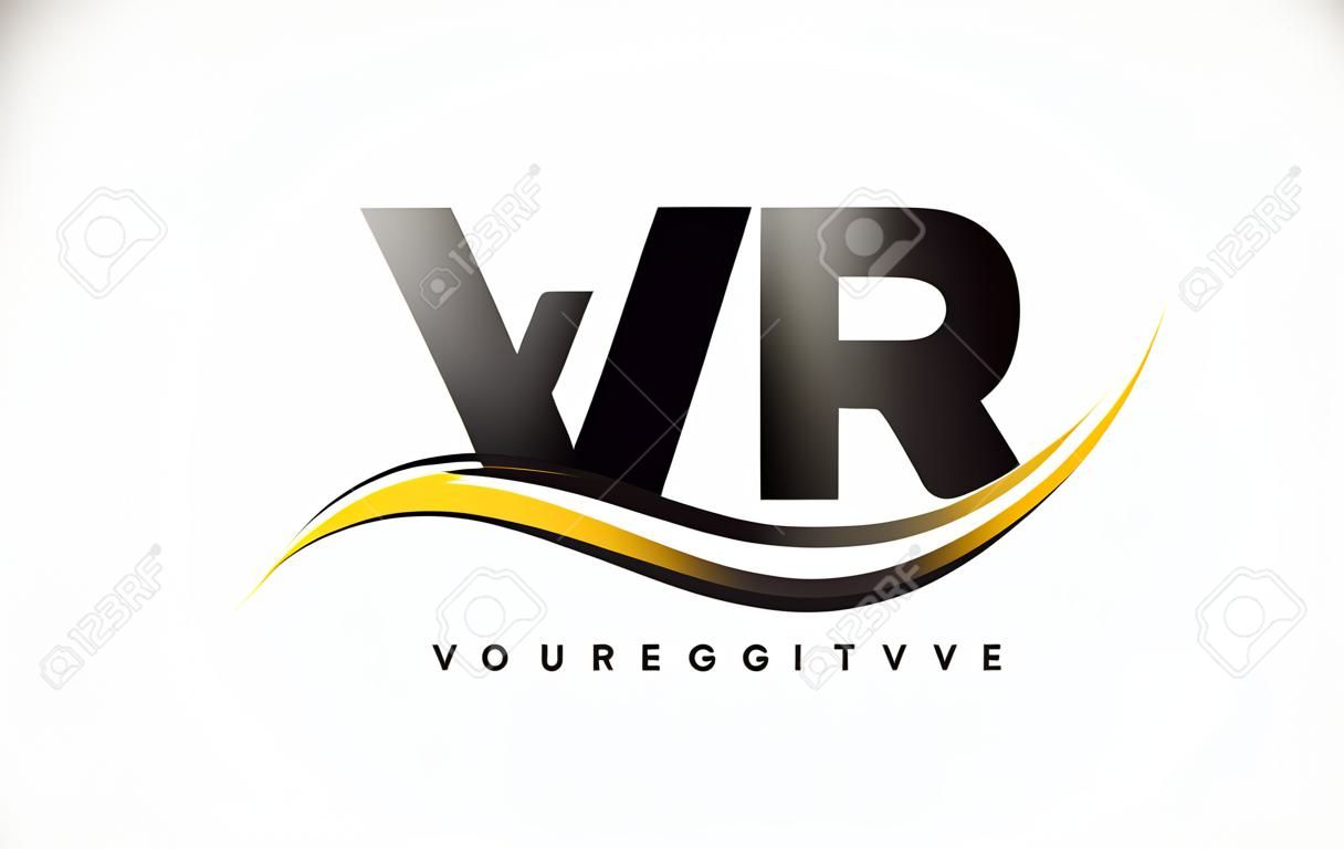 VR V R Swoosh Letter Logo Design met Modern Yellow Swoosh Curved Lines Vector Illustratie.
