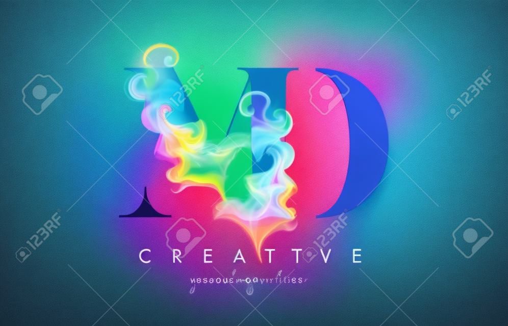 MD Vibrant Creative Leter Logo Design with Colorful Smoke Ink Flowing Vector Illustration.