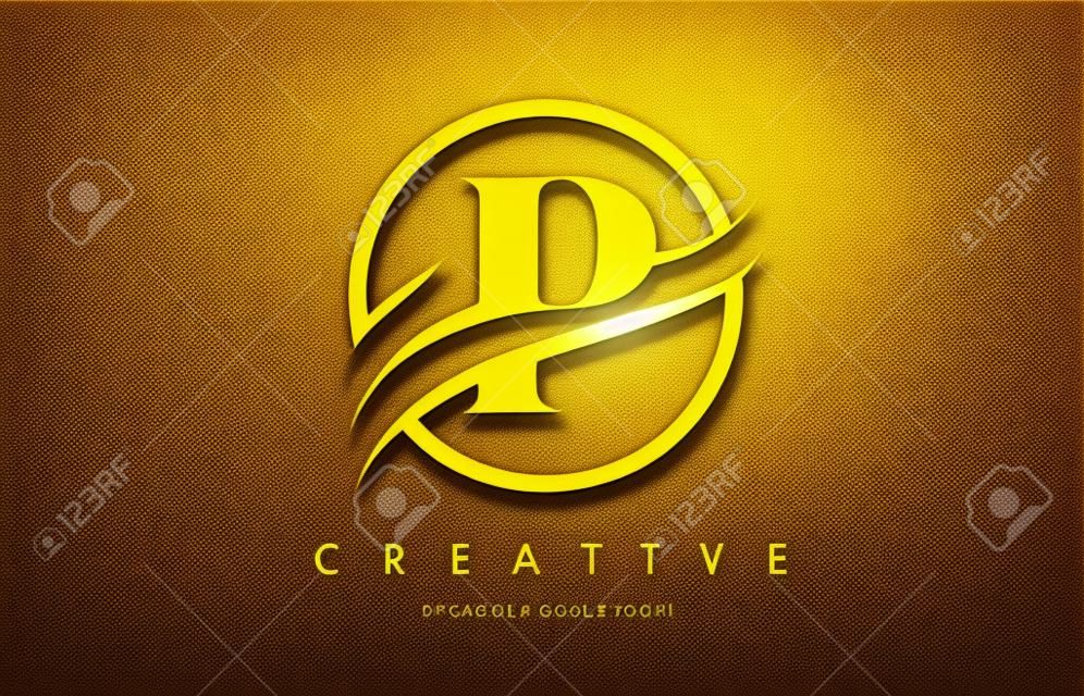 Diseño de logotipo letra P dorada con círculo Swoosh y textura de metal dorado. Ilustración de vector de diseño de letra P de metal dorado creativo.