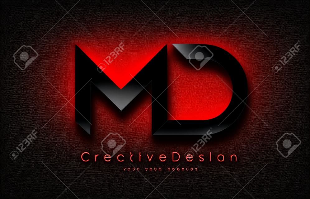 Red and Black MD M D Letter Logo Design in Black Colors. Creative Modern Letters Vector Icon Logo Illustration.