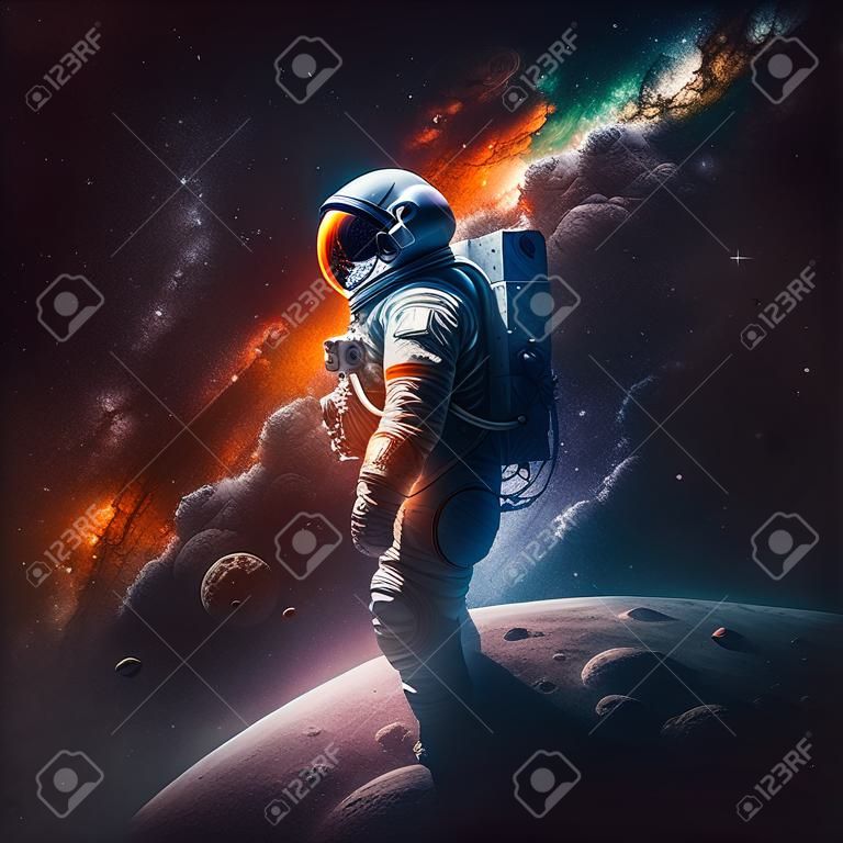 A stunning illustration of an astronaut in a suit exploring the depths of space, surrounded by magnificent nebula clouds and breathtaking deep space imagery. Ai generated