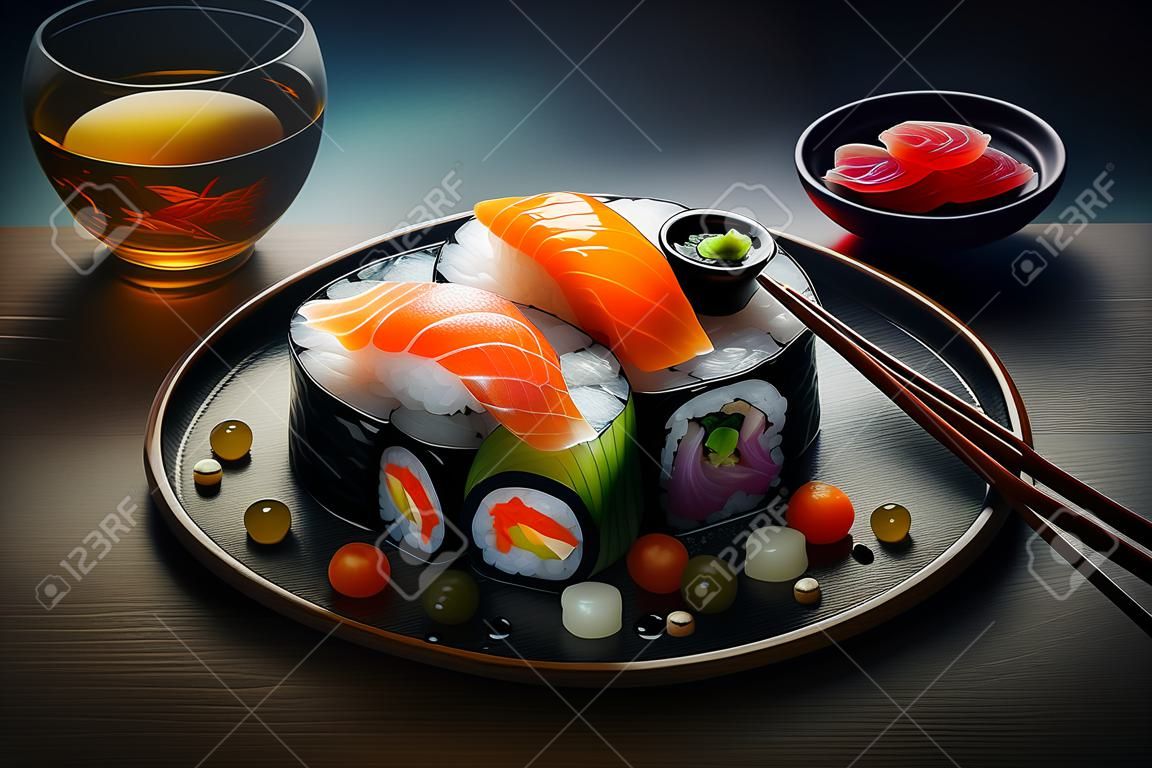 Świeża piękna konfiguracja sushi z tradycyjnymi składnikami. kreatywna japońska konfiguracja talerza sushi. ai wygenerowana