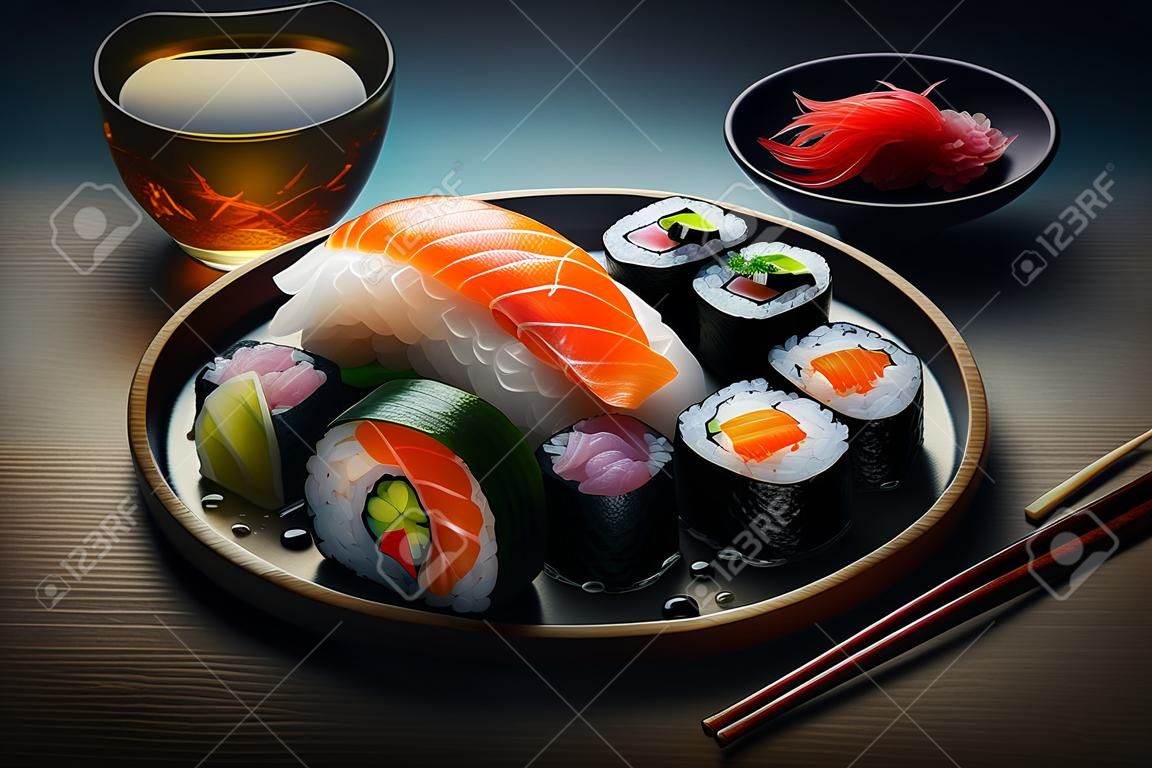 Fresh Beautiful Sushi Setup with Traditional ingredients.Creative Japanese Sushi Plate setup.Ai generated