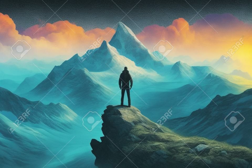 Een illustratie van een man op de top van een berg, symboliseren prestaties, overwinning, en de sensatie van het bereiken van de top. Ai gegenereerd