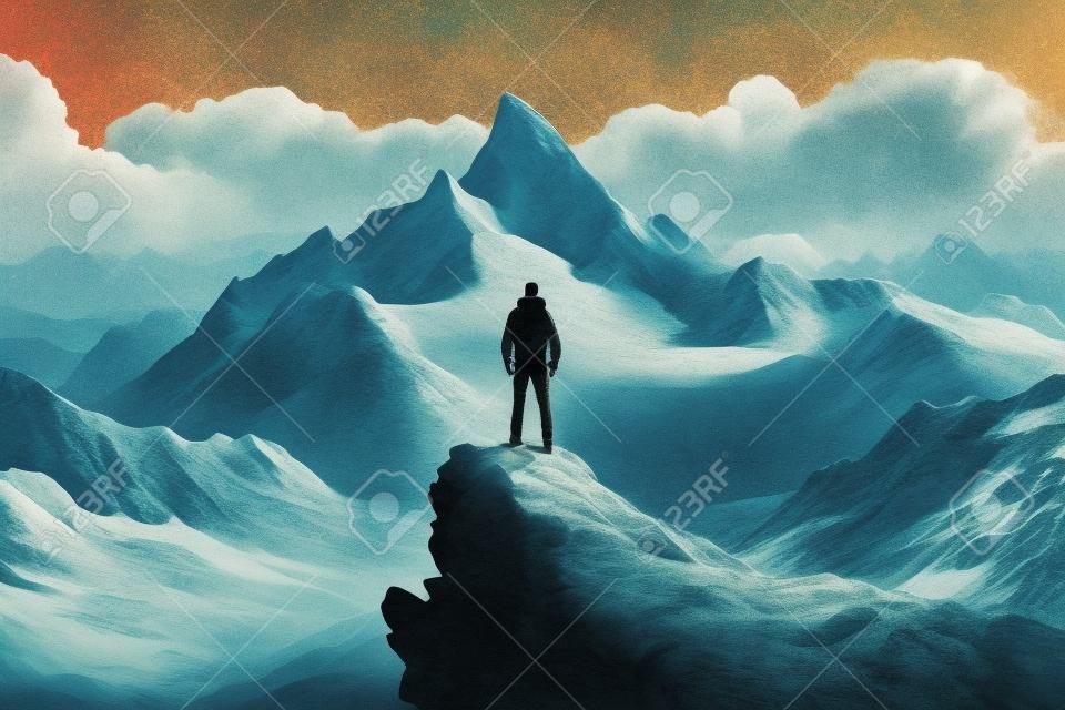 An illustration of a man standing on the summit of a mountain, symbolizing achievement, victory, and the thrill of reaching the top. Ai generated