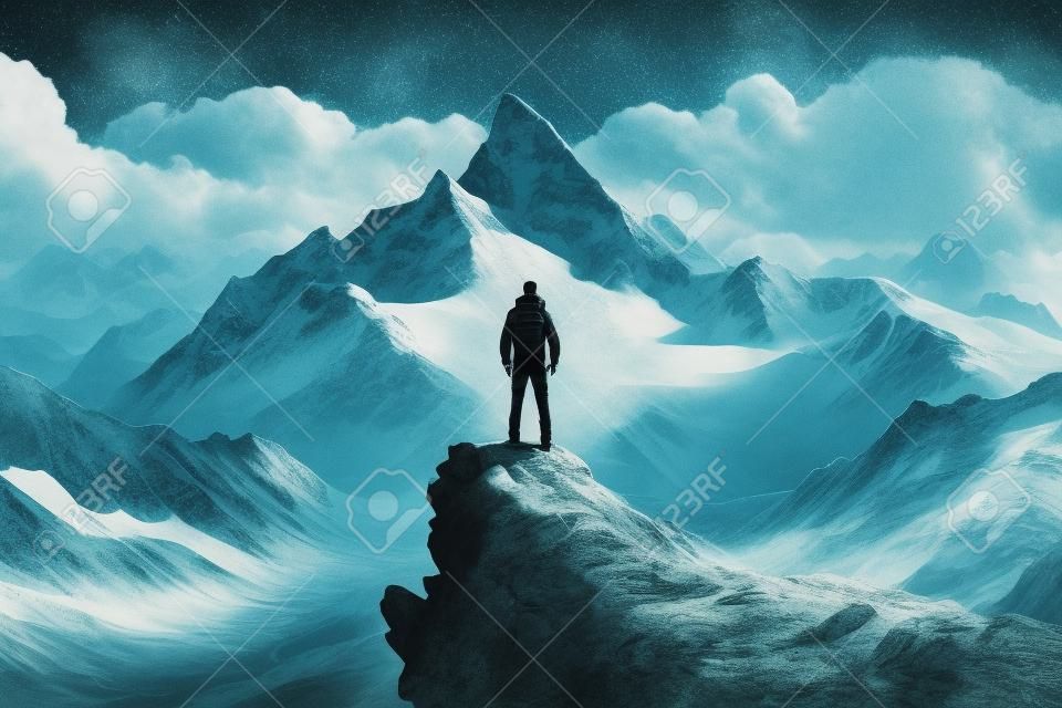 Viene generata un'illustrazione di un uomo in piedi sulla cima di una montagna che simboleggia la vittoria e l'emozione di raggiungere la cima