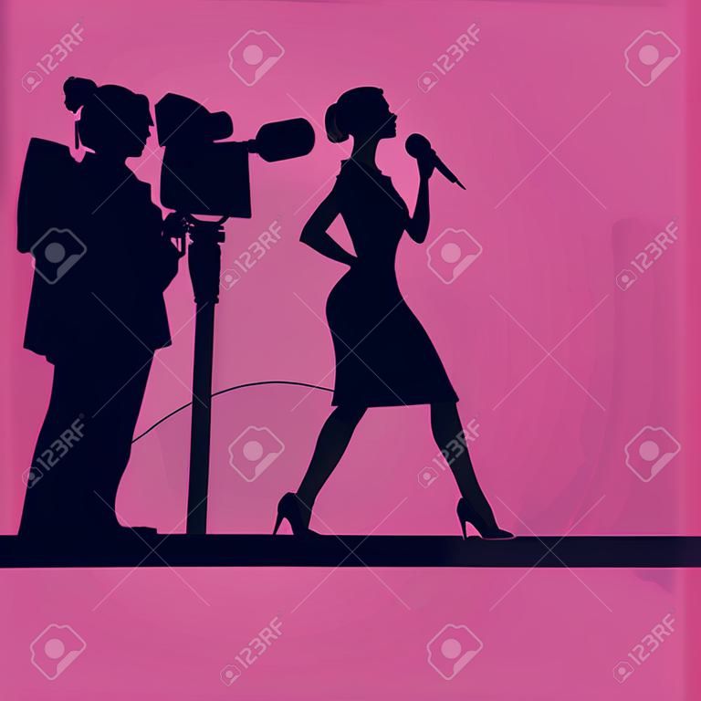 Силуэт женщины с микрофоном. Профессия: Тележурналист, журналист. Силуэт женщины на розовом фоне